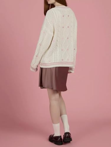 Women Knit Lover Cardigan V Neck Knitted Sweatshirt Hearts Embroidery Cute Sweaters Pink Oversized Button Down Outwear Lvory2