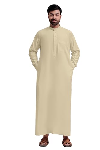 Traditional Dishdasha – Mens Saudi Style Thobe Classic - Full Length Long Sleeve Islamic Thobe (Beige, Large)