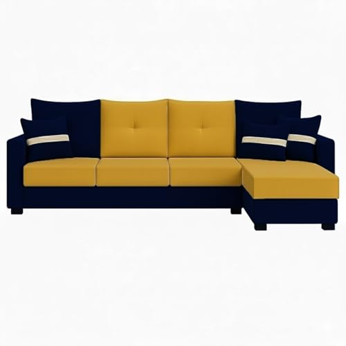Image of CASASTYLE Vogue 5 Seater Fabric RHS L Shape Sofa Set (Yellow-Dark Blue) Velvet Finish | Comfortable Sectional Sofa for Living Room