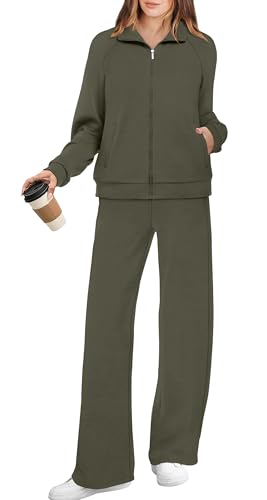XIEERDUO 2 Piece Outfits for Women Lounge Set Fall Fashion Workout Long Sleeve Tracksuit Winter Zipper Sweatsuit Wide Leg Sweatpants Matching Jacket Track Suit Athleisure Women's Active Wear Green L