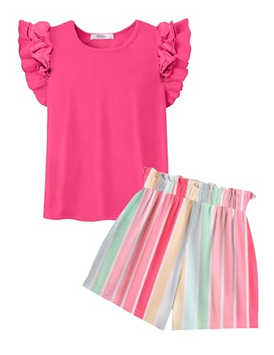 Image of Arshiner Girls 2 Piece Outfits Summer Clothes Ruffle Short Sleeve Shirts Top and High Waist Paper Bag Shorts Set with Pockets
