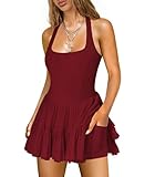 Hragc Women's Tennis Flowy Pleated Ruffle Athletic Red Dress for Women Halter Neck Sleeveless Small Summer Mini Golf Dress with Shorts Pocket