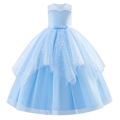 IBAKOM Vestido de niña de flores festivo para carnaval: vestido de verano sin mangas con lazo y lentejuelas largo - Vestido de princesa de tul para niños de 4 a 13 años para boda, azul claro, 5-6 años