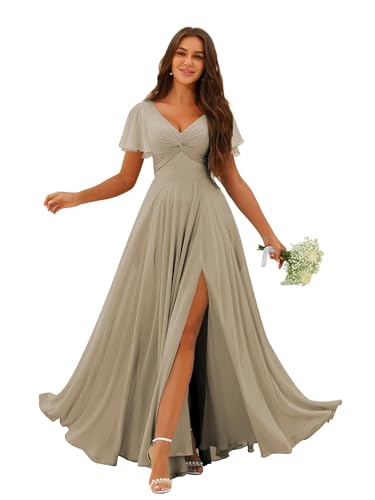 Miao Duo Flutter Sleeves Split Bridesmaid Dresses with Slit Long V Neck Empire Waist Formal Dress for Women Wedding YZTS113