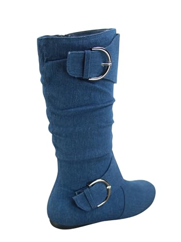 Women's Closed Round Toe Buckle Side Zip Buckle Slouch Flat Heel Mid-Calf Boot4