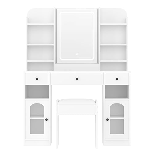 Image of JIVOIT 43.2 inch Vanity Desk with Mirror, Dressing Table with 3 Drawers, Storage Shelves and Stool, 2 Glass Cabinets, Modern Glass Top Vanity with for Bedroom (White,032)
