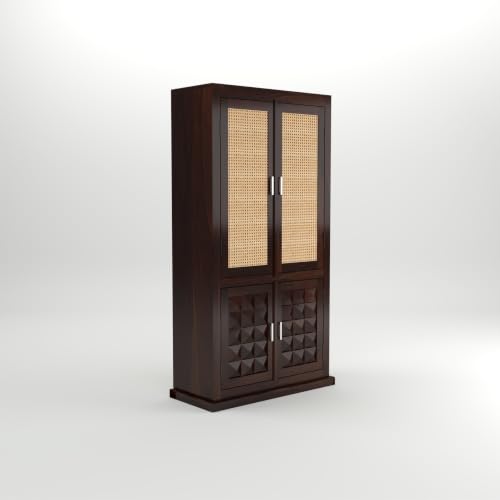 Image of Solid Sheesham Wood Almirah with Cane Doors & Geometric Carved Panels | 4 Door Wooden Wardrobe for Bedroom