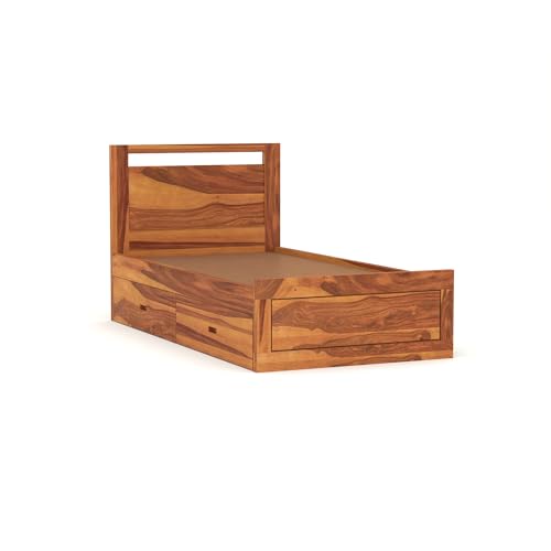 Image of Solid Sheesham Wood Bed 6X3 Single Bed with Drawer Storage for Bedroom - Single Cot Wooden BedSingle Size for Living Room Guest Room - 12 Months Warranty (Henry Honey, 6X3 Drawer)