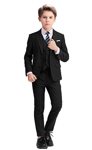 Jungenanzüge, 5-teilig, schmale Passform, Anzug für Kinder, formelle Ringträger-Anzüge, Schwarz (gestreifte Krawatte), 10