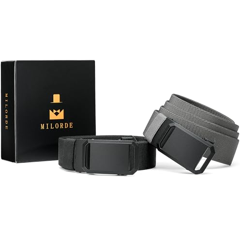 MILORDE Men's 2Pack Nylon Ratchet Belts, Casual Web Click Belt for Jeans, Business Dress, Adjustable Trim to Fit 6