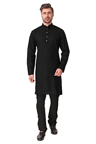 kacery Men's Indian Cotton Kurta Pajama Plain Knee Length AN538 Black 42