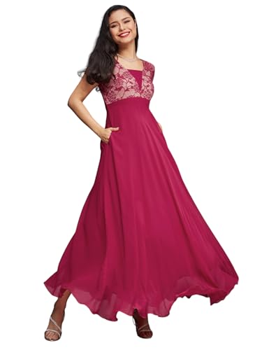 Image of Miss Chase Women's V-Neck Full Sleeve Self Design Lace-Overlaid Georgette Maxi Dress