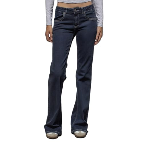 Women Y2k Low Waist Jeans Vintage Slim Fit Straight Flare Leg Bootcut Jeans Blokette Casual Solid Color Denim Pants