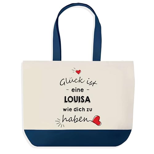 Planetee Beige-blauer Einkaufsbeutel Lotte – Glück ist eine wie dich zu haben | Großer Einkaufsshopper, Geschenk für Kollegin, Muttertag, Geburtstag, Schwester, Weihnachten, Tante, Patentante