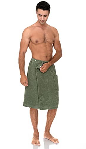 Image of TowelSelections Mens Shower Wrap Adjustable Cotton Terry Bath Gym Cover Up with Snaps Large /XX-Large Oil Green