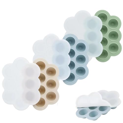 Image of PandaEar 3-Pack Silicone Baby Food Freezer Trays with Lids - 10 Small Portions per Tray (Approx. 1oz/1.5-2 tbsp) - Flexible Storage Container for Breast Milk & Purees, Blue/Green/Beige