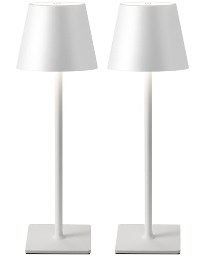 VISDANFO 2 Pezzi Lampada da Tavolo LED Senza Fili, Ricaricabile 5000mAh, Dimmerabile, 2700-6000K, Lampada da Comodino Batteria per Camera da letto, Sala da pranzo, Esterno, Impermeabile (Bianco)