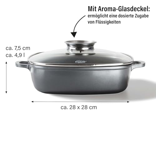 Foto von STONELINE Servierpfanne Eckig 28 cm, Eckige Pfanne Induktion mit Deckel, Aroma Funktion, Aluguss, Antihaft Pfanne Beschichtet mit echten Steinpartikeln, Für alle Herdarten, Backofen, Grau