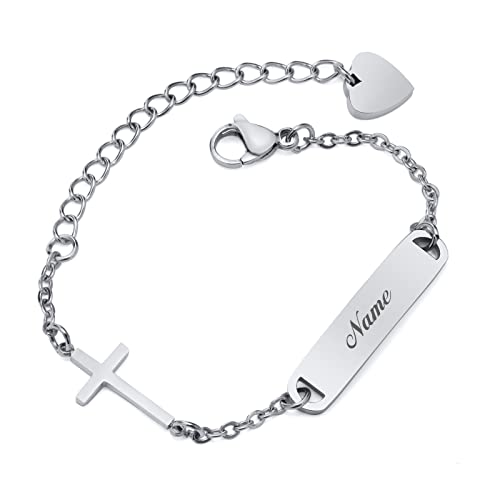 VNOX Bracelet Bébé Enfant avec Gravure Argent Bracelets Personnalisés Fille | Bracelet Enfant à Graver | Bracelet Baptême Garçon Fille | Breloque Croix Nom Bébé Bracelet Cadeaux de Baptême