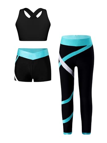 CHICTRY Fille Ados Survêtements 3 Pièces Débardeur Dos Sangle Croisée & Short & Legging Tenue de Sport Gym Jogging 6-16 Ans A Cyan 11-12 ans