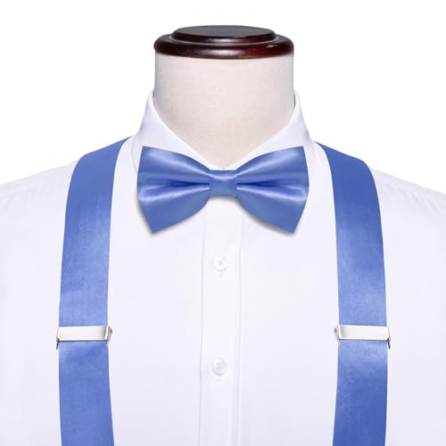 Image of Hi-Tie Men Suspender Bowtie Set Suspenders Pre-tied Bow Tie Pocket Square Cufflinks Adjustable Y Shape 6 Clips Braces Tuxedo