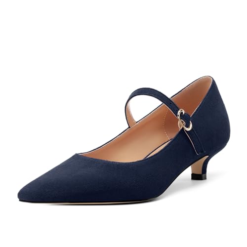 Women's Pumps Low Kitten Heel Mary Janes Closed Suede Pointed Toe Dress Shoes for Women Party Wedding Office 1.4 Inch