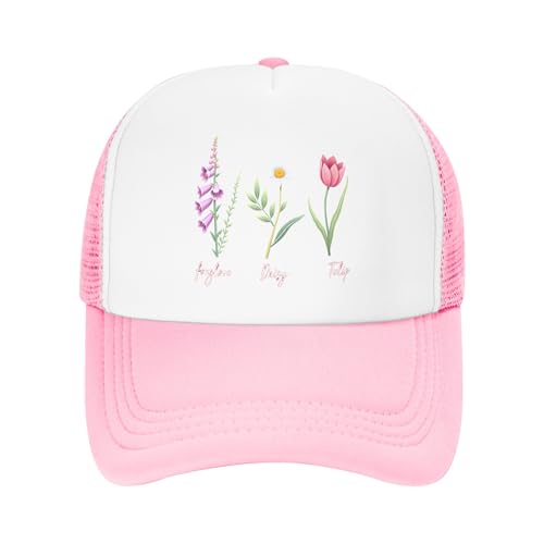 FDT Floral Foxglove Daisy Tulip Trucker Hat Resist Baseball Cap Mesh Back Adjustable Hats for Kids - Pink