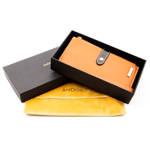 Image of ANDOILT Women's Genuine Leather Wallet RFID Blocking Credit Card Holder Zipper Purse Cell Phone Handbag