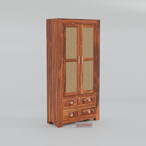 Image of Solid Sheesham Wood 2 Door Wardrobe with Cane Panels & 4 Drawers | Wooden Storage Cabinet with Shelves | Modern Bedroom Cupboard for Clothes & Storage (Honey Finish)