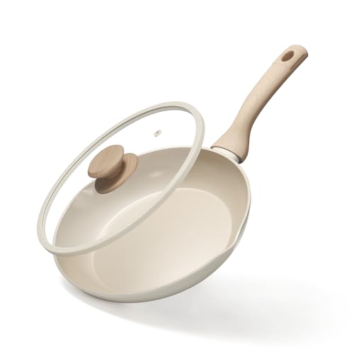 Image of MsMk 9.5 Inch Ceramic Nonstick Frying pan with Lid, Beige Cooking Skillet