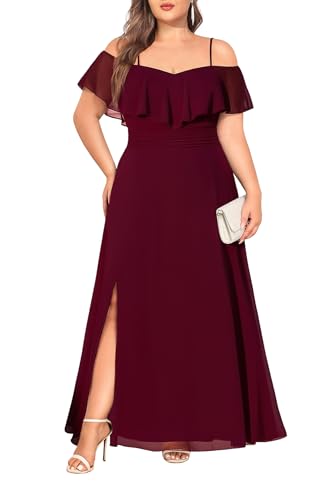 Women Plus Size Bridesmaid Dresses Burgundy Formal Off The Shoulder Formal Holiday Chiffon High Split A-Line Long Dress