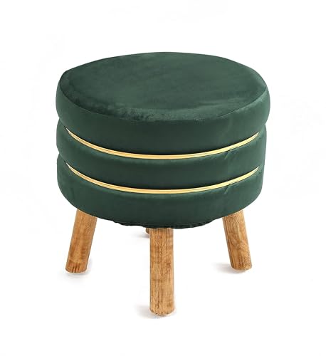 Image of Living Room Round Wooden Velvet Ottoman with Footrest and Linen Fabric Padded Seat Pouffe Ottoman with Round Shape and Office Stool-Green