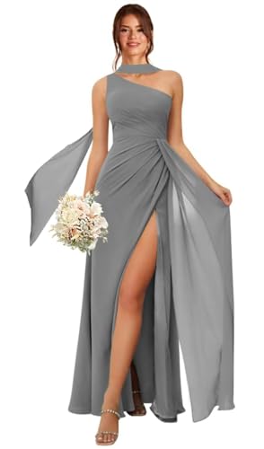 IKMNN One Shoulder Long Bridesmaid Dresses Chiffon A Line Formal Party Dresses with Slit for Women IK009