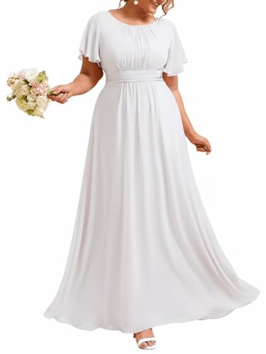 Image of Ever-Pretty Plus Elegant Formal Dresses for Curvy Women Round Neck Short Sleeves Chiffon Bridesmaid Mother of The Bride Dress
