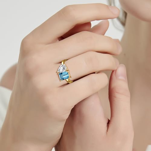 Toi Et Moi 925 Sterling Silver Women Engagement Ring 14K Gold Plated 1.5ct 6x8mm Double Stone Emerald & Pear Aquamarine Cut Wedding Band Width 2mm Size 5-94