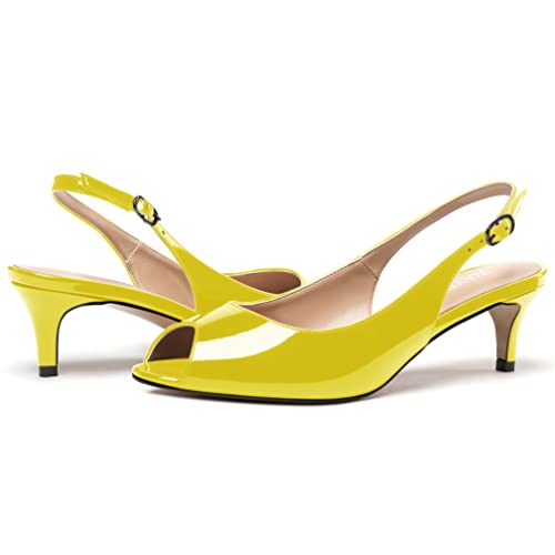 Wayderns Women's Yellow Green Peep Toe Slingback Patent Leather Low Heel Kitten 2 Inch Pumps Ladies Cute Dress Shoes Size 8 - Zapatos Bajitos #TOP5