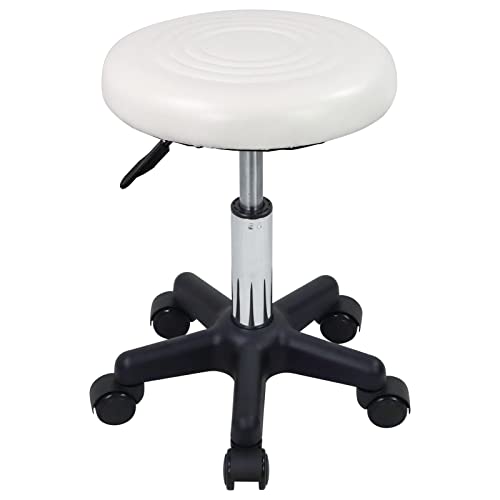 FURWOO Taburete Giratorio Redondo con Ruedas PU Leahter Altura Ajustable para Salón de SPA y Masaje - Blanco