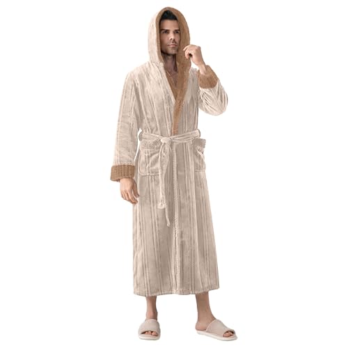 Men's Fashion Hooded Bathrobe Plush Fluffy Fleece Robe Cozy Warm Shaggy Spa Robe Plus Size Sherpa Sleepwear