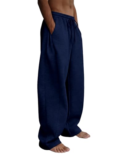 Image of Men's Baggy Sweatpants Wide Leg Fleece Lounge Joggers with Deep Pockets | Soft 65% poly 35% cotton stretch blend, outer drawstring, open bottom, relaxed fit for gym, travel, errands and daily wear