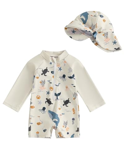 WYTbaby Traje de baño de una pieza para bebé, ropa de protección UV de manga larga para bebé niño con sombrero para el sol, beige, 18-24 meses