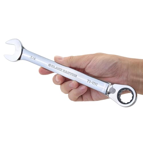 Image of BLACK CANYON 3 /4 Inch Ratchet Combination Wrench, 12-Point Box End & Hex Opening, Polished Steel Ratcheting Wrench with SAE & Metric Sizes