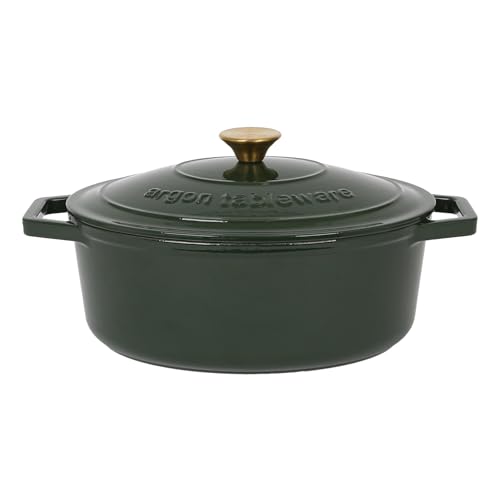 Argon Tableware 4.68L Oval Cast Iron Casserole Dish with Self-Basting Lid - Green - 2.3L & 4.68L Induction Hob Cooking 4.84QT Dutch Oven Bread Baking Serving Roasting Stew Stock Pot Cookware Pan