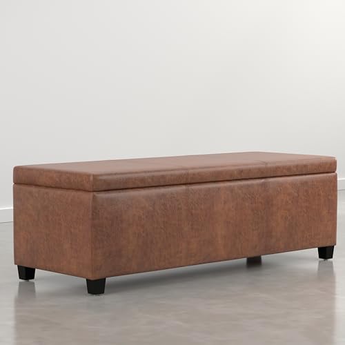 Image of SIMPLIHOME Avalon 48 inch Vegan Leather Ottoman in Distressed Pecan Brown