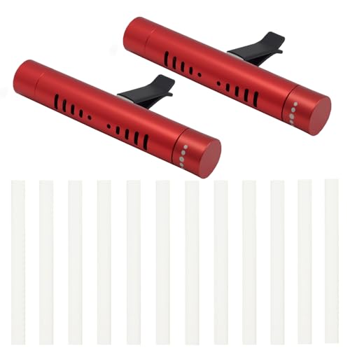 MILAKE 2 Pack Car Essential Oil Diffuser Vent Clip, Aluminum Essential Oil Car Diffuser Kit with 12 Pcs Odorless Sticks, Vent Clip for Cars, Office, Kitchen (Red, 2 Pcs)