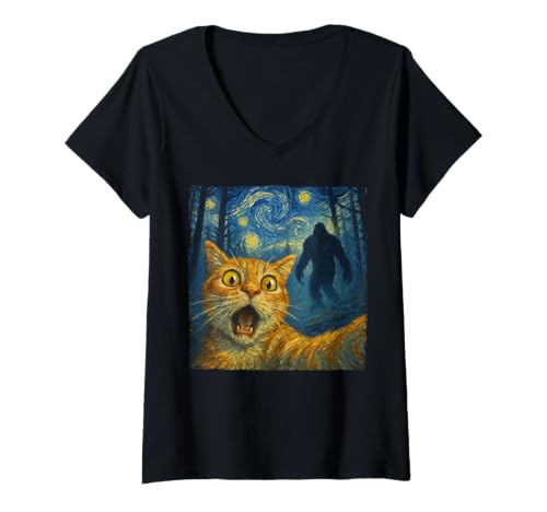 Womens Funny Cat Selfie Bigfoot The Starry Night Cats Lover Cute V-Neck T-Shirt