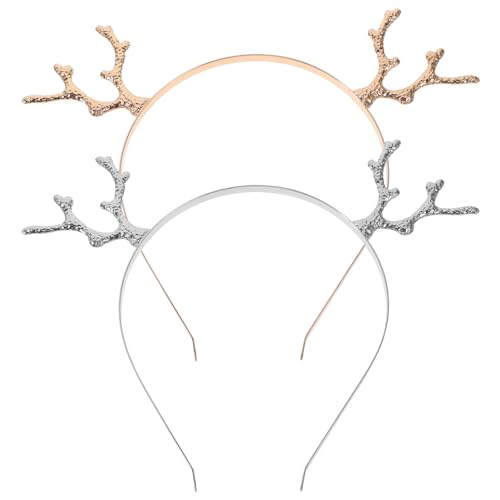 FRCOLOR Christmas Antler Headband,Metal Rhinestone Hair Hoop Antler Hairband Reindeer Antlers Headband for Women,Girls,2pcs(Silver,Gold)