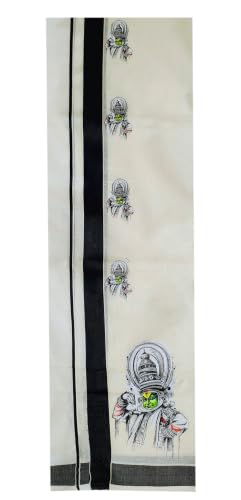 Image of Mens Print along with Border 100% Cotton Cream Dhoti 4.00 Meters Double Mundu /Vesti