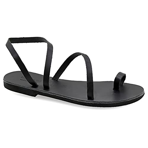 38 Schwarz Emmanuela Zehenring Sandalen aus Leder, hochwertige handgefertigte Slingback Sommerschuhe, Riemchen sandalen mit Knöchelmanschette, flache griechische Sandalen