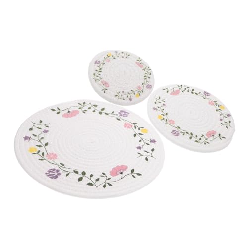 FUNNETOYU 3 Piezas Almohadillas de Aislamiento Calor Caliente Gris Cena Estera Bol manteles de Aislamiento manteles Individuales para Mesa de Cocina Mantel de Cocina Cuerda de algodón Blanco