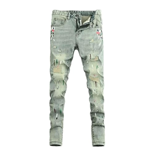Mens Jeans Retro Washed Blue Stretch Slim Fit Ripped Jeans Men Painted Designer Vintage Casual Pencil Denim Pants
